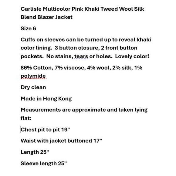 Carlisle Multicolor Pink Khaki Tweed Wool Silk Blend Blazer Jacket Size 6 - Picture 6 of 9